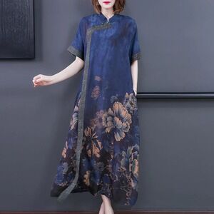 Buykud XL Blue Floral Print Chinese‎ Retro Dress 100% Viscose Mandarin Collar